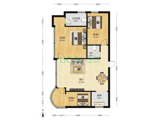 商品街 3室1厅2卫 105平方