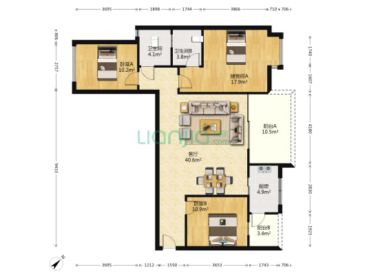 锦江国际 2室1厅2卫 133平方