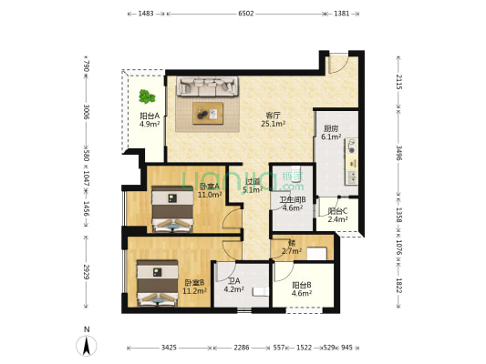 博琅澜庭南 2室1厅2卫 100平方