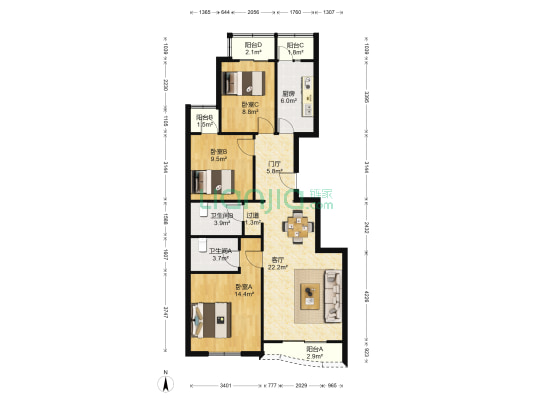 京师园 3室1厅2卫 115平方