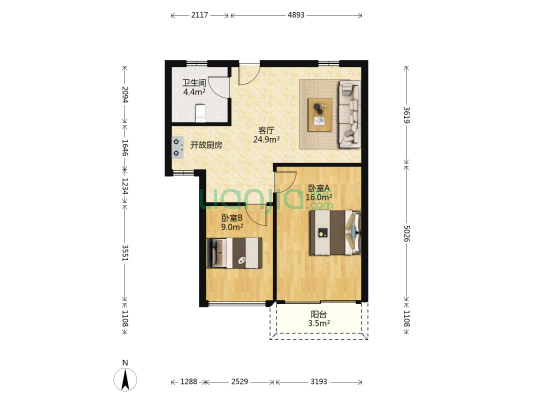 华里嘉苑 2室1厅1卫 82平方