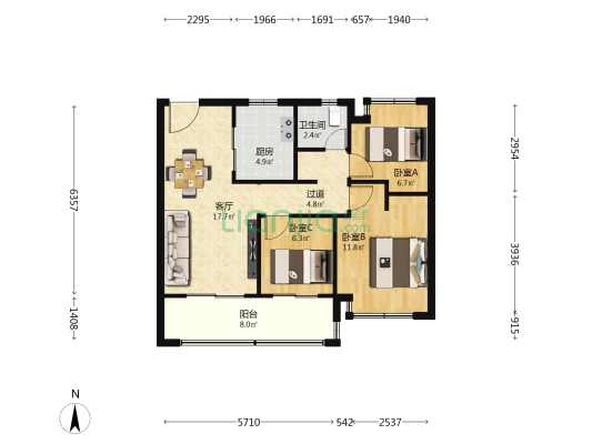 翠语江岚花苑 3室1厅1卫 85平方