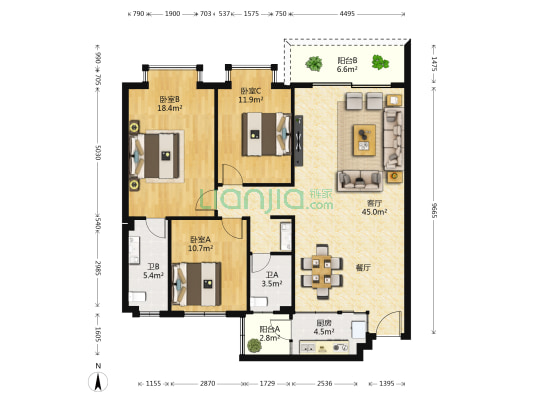 梦泽园 3室1厅2卫 126平方