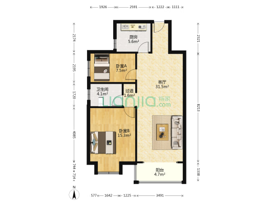 茉莉文化产业园 2室1厅1卫 83平方