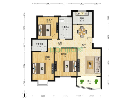 步云花苑 3室1厅2卫 106平方