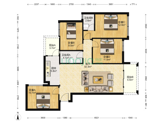 鹭洲城邦 4室1厅2卫 103平方