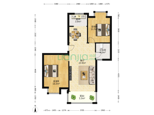 水杉御景 2室2厅1卫 107平方