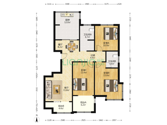 岳麓花园 3室2厅2卫 127平方