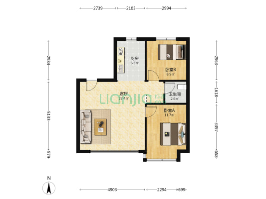 中铁逸都 2室1厅1卫 75平方