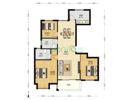 北街花苑 3室1厅2卫 125平方