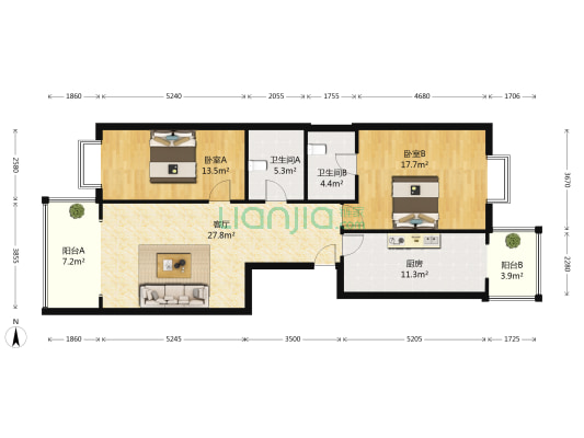 恒祥城一期 2室1厅2卫 136平方