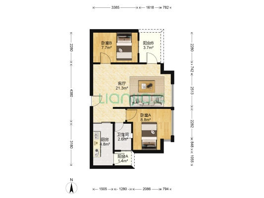 金石花园 2室1厅1卫 62平方