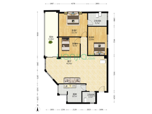 长安丽都 3室1厅2卫 136平方