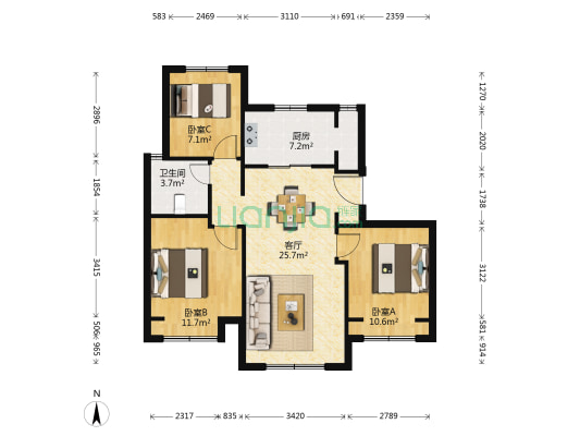 万科翡翠四季C3区 3室1厅1卫 86平方