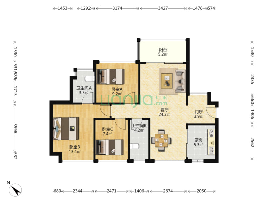二期御景佳园 3室1厅2卫 92平方