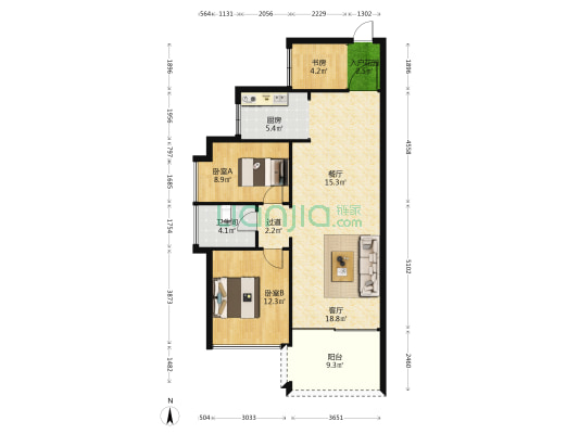 岭南雅苑 3室2厅1卫 91平方
