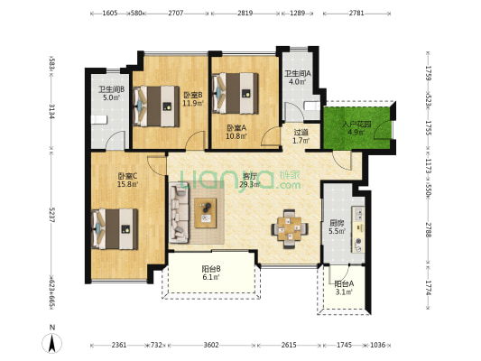 富颐华庭S区 3室1厅2卫 115平方