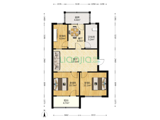 水晶街小区 3室2厅1卫 72平方