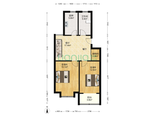 九龙湖花园 2室1厅1卫 76平方