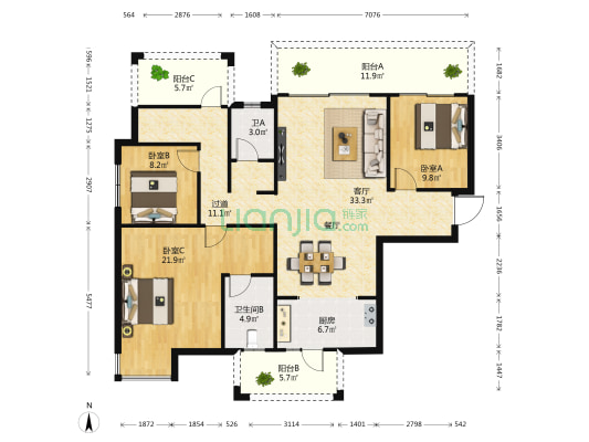 路桥锦绣康城 3室1厅2卫 138平方