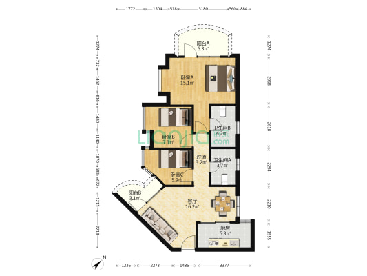 豪苑 3室1厅2卫 98平方