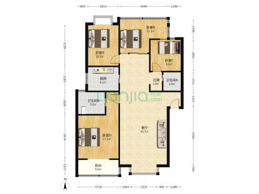 华金大道二段418号双子座 4室1厅2卫 131平方