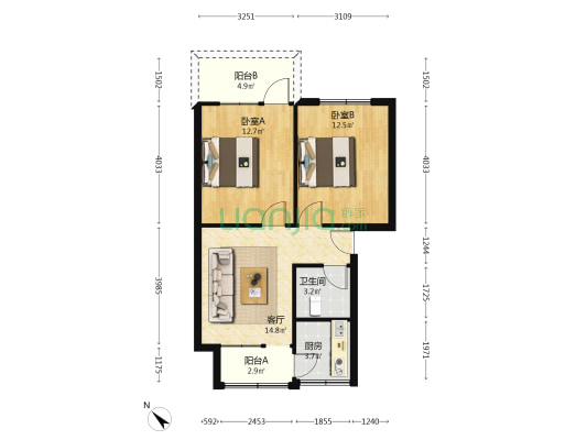 轨枕厂宿舍 2室1厅1卫 66平方