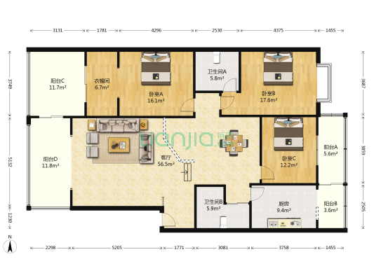 向阳苑 3室1厅2卫 185平方