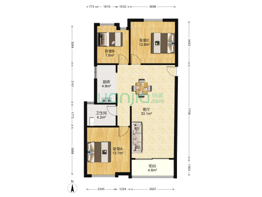 鼎泰花园 3室1厅1卫 113平方