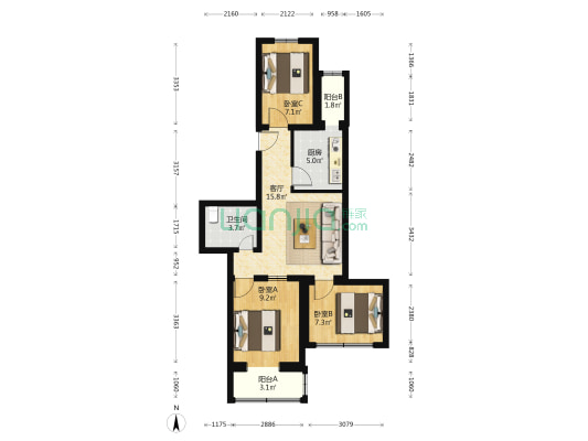 潞苑南大街88号院 3室1厅1卫 73平方