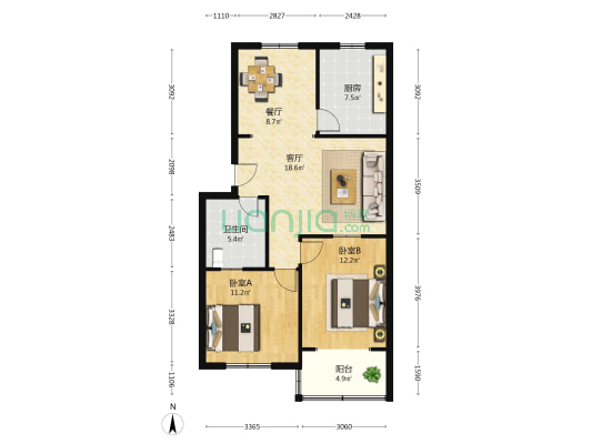 人民医院家属楼 2室2厅1卫 87平方