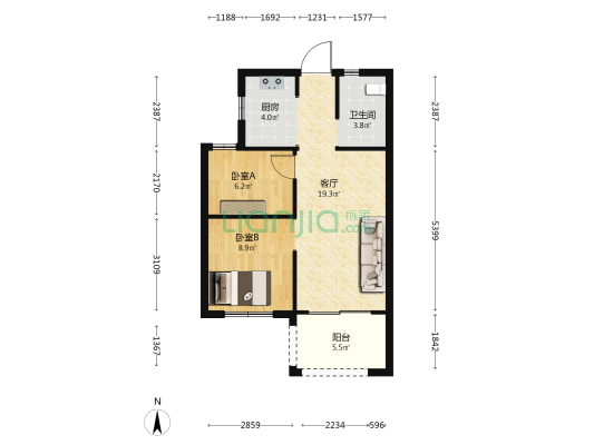 三迪枫丹雅筑北区 2室1厅1卫 61平方