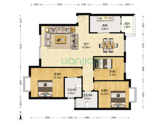 佳美景园 3室1厅2卫 113平方