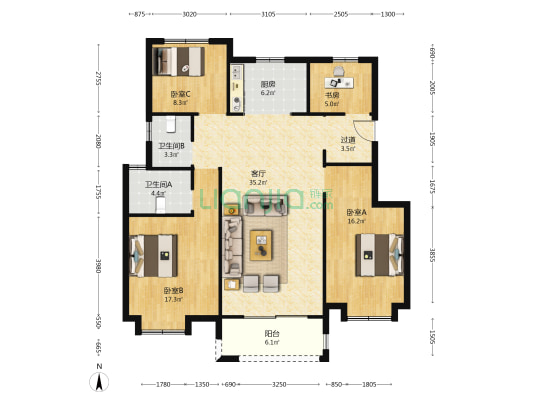 望景名府 4室1厅2卫 126平方