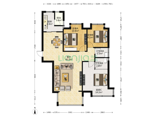 巨成金山街 2室1厅2卫 107平方