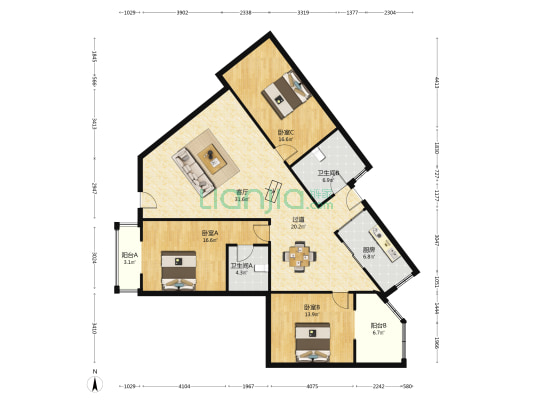 东方花园 3室1厅2卫 143平方