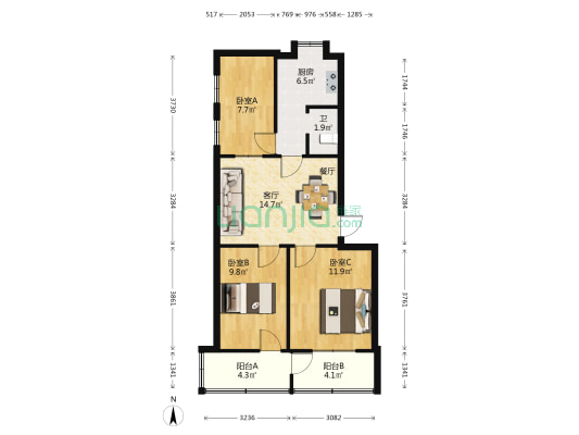 庆丰路276号 3室1厅1卫 60平方