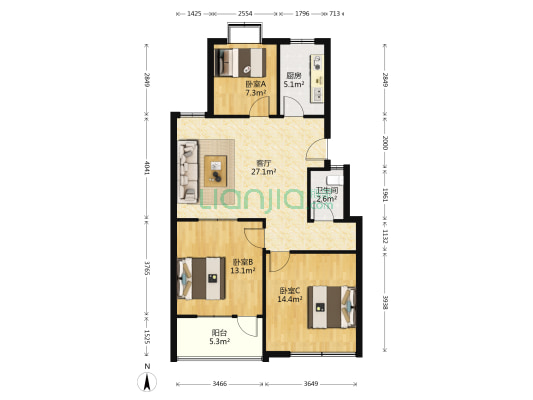 北上高新家园 3室1厅1卫 93平方