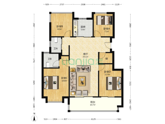 万科锦上光曜西区 4室1厅2卫 124平方