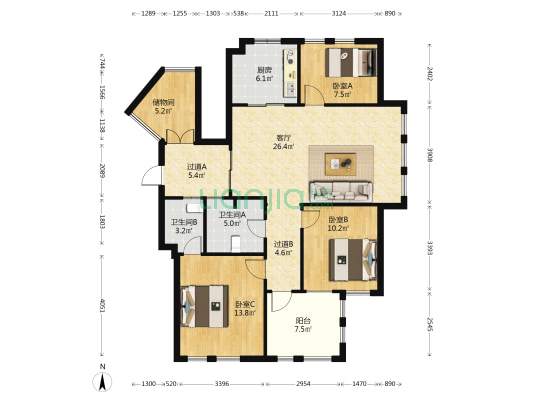 山水天地 3室1厅2卫 114平方