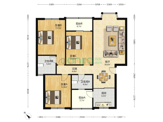 龙锦苑1号院 3室1厅2卫 123平方