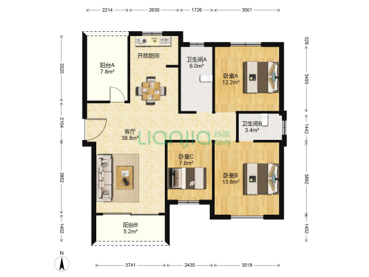 华臣天邑 3室1厅2卫 127平方