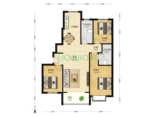 亚华小区 3室1厅2卫 124平方