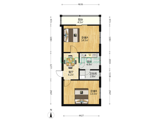 劲松北路供电局宿舍 2室1厅1卫 61平方
