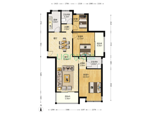 雨露花园 3室1厅2卫 121平方