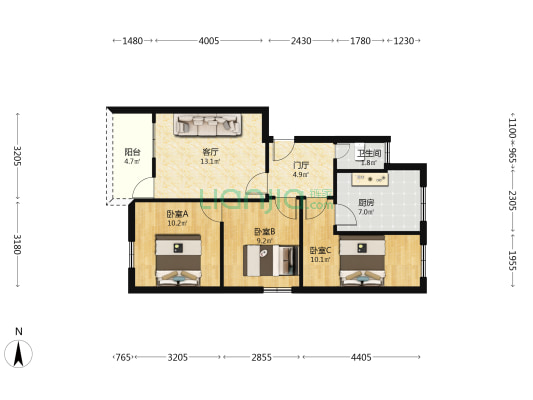 广西冶金局宿舍 3室1厅1卫 67平方