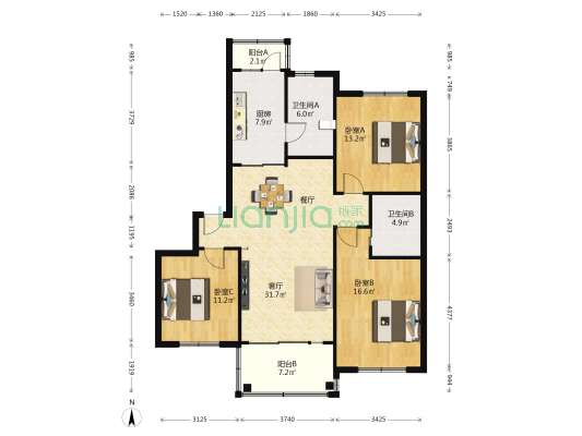 点睛苑 3室1厅2卫 119平方