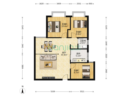 景上鑫苑 3室1厅1卫 87平方