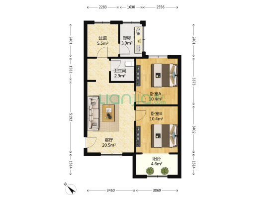 德政苑 2室1厅1卫 64平方