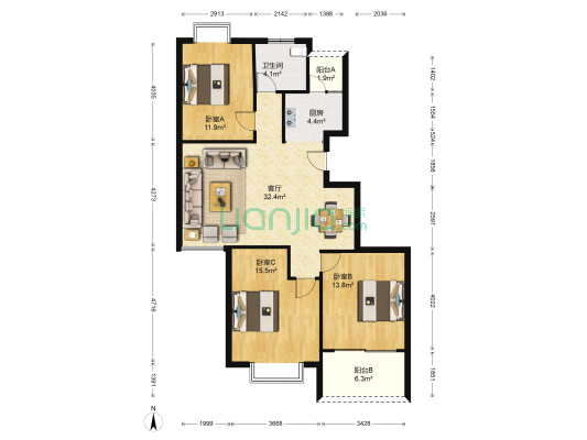 西荡苑杏苑 3室1厅1卫 114平方